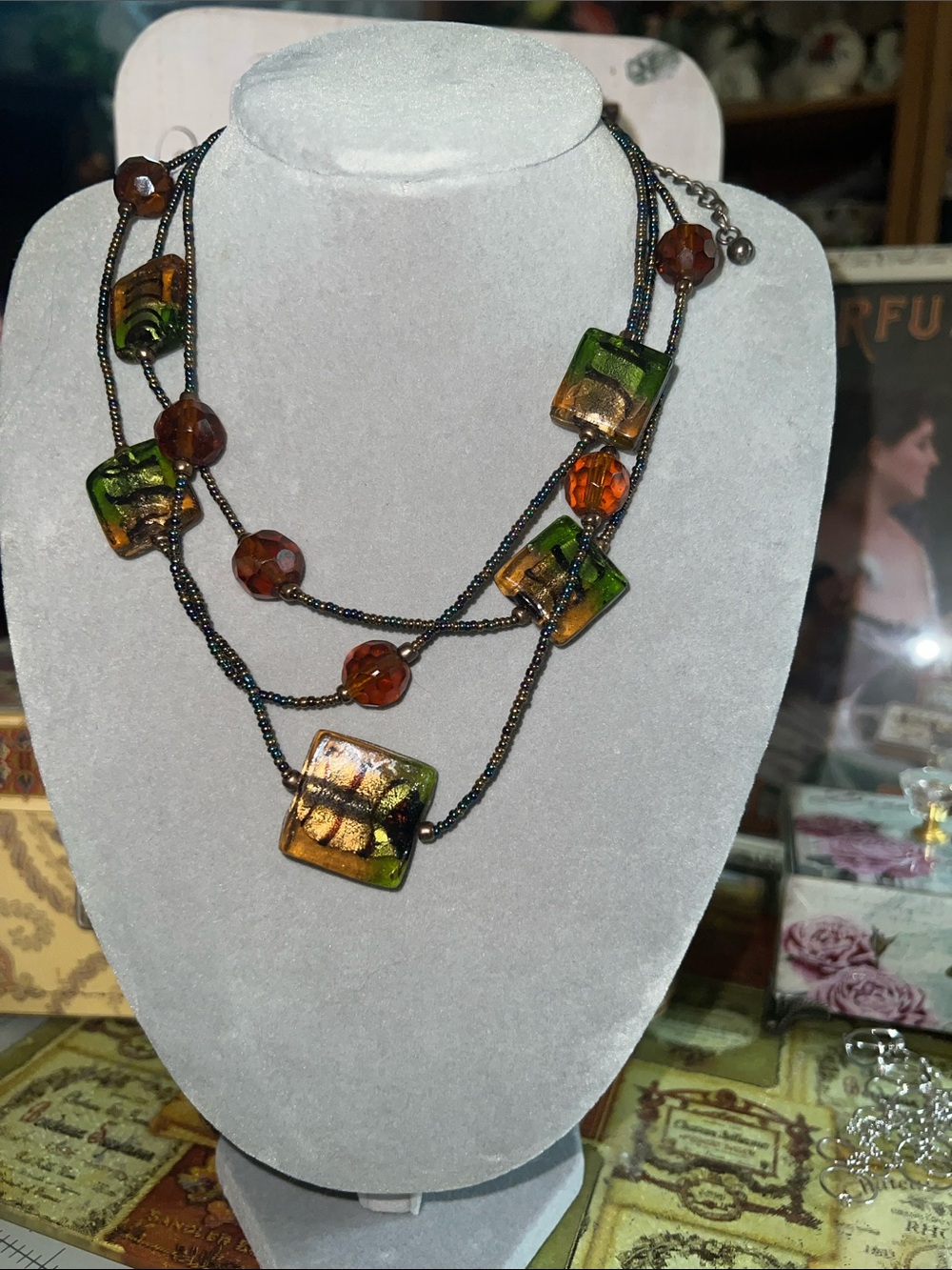 Multicolor Glass Tile Layered Necklace - Green & Amber
